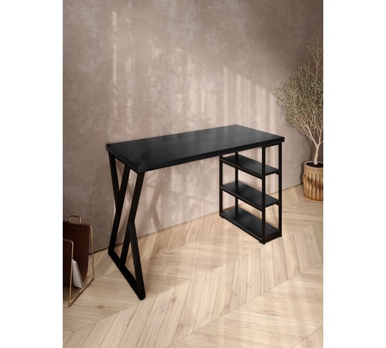 Стол письменный Solarius Loft, 120x60x76.5 см, открытая тумба с тремя полками, компьютерный стол цвета черного оникса с черными металлическими Z-образными ножками stol-tumba-3polki-onix-12060-Z-black