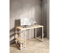 Стол письменный Solarius Loft, 140x60x76.5 см, открытая тумба с тремя полками, компьютерный стол без шлифовки и покраски с белыми металлическими Лофт ножками stol-tumba-3polki-net-14060-white