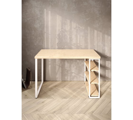 Стол письменный Solarius Loft, 140x60x76.5 см, открытая тумба с тремя полками, компьютерный стол без шлифовки и покраски с белыми металлическими Лофт ножками stol-tumba-3polki-net-14060-white