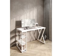 Стол письменный Solarius Loft, 130x60x76.5 см, открытая тумба с тремя полками, компьютерный стол белого цвета с белыми металлическими Z-образными ножками stol-tumba-3polki-bel-13060-Z-white