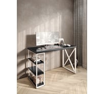 Стол письменный Solarius Loft, 120x60x76.5 см, открытая тумба с тремя полками, компьютерный стол цвета черного оникса с белыми металлическими крестообразными ножками stol-tumba-3polki-onix-12060-krest-white