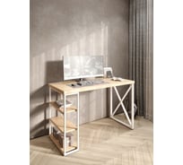 Стол письменный Solarius Loft, 140x60x76.5 см, открытая тумба с тремя полками, компьютерный стол без шлифовки и покраски с белыми металлическими крестообразными ножками stol-tumba-3polki-net-14060-krest-white