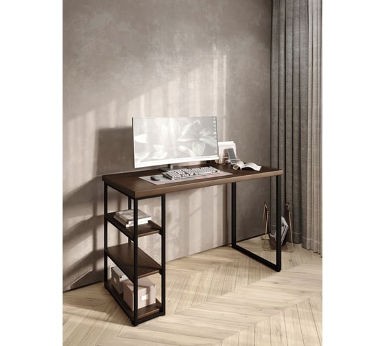 Стол письменный Solarius Loft, 140x60x76.5 см, открытая тумба с тремя полками, компьютерный стол цвета темного дуба с черными металлическими Лофт ножками stol-tumba-3polki-temd-14060-black