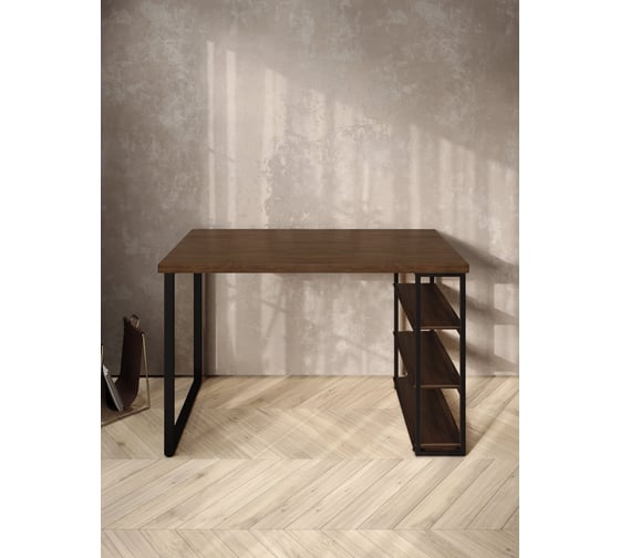 Стол письменный Solarius Loft, 140x60x76.5 см, открытая тумба с тремя полками, компьютерный стол цвета темного дуба с черными металлическими Лофт ножками stol-tumba-3polki-temd-14060-black