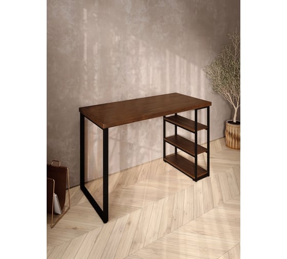 Стол письменный Solarius Loft, 140x60x76.5 см, открытая тумба с тремя полками, компьютерный стол цвета темного дуба с черными металлическими Лофт ножками stol-tumba-3polki-temd-14060-black