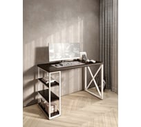 Стол письменный Solarius Loft, 140x60x76.5 см, открытая тумба с тремя полками, компьютерный стол цвета венге с белыми металлическими крестообразными ножками stol-tumba-3polki-ven-14060-krest-white
