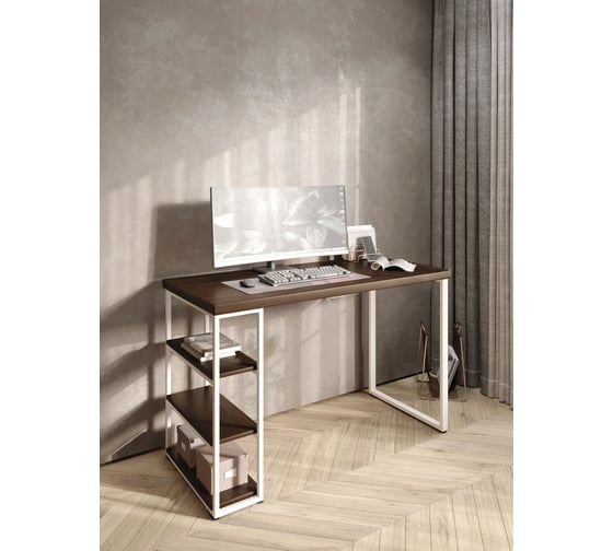 Стол письменный Solarius Loft, 140x60x76.5 см, открытая тумба с тремя полками, компьютерный стол цвета темного дуба с белыми металлическими Лофт ножками stol-tumba-3polki-temd-14060-white