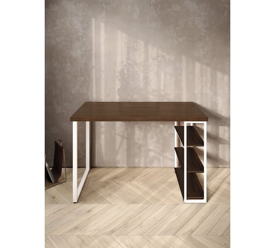 Стол письменный Solarius Loft, 140x60x76.5 см, открытая тумба с тремя полками, компьютерный стол цвета темного дуба с белыми металлическими Лофт ножками stol-tumba-3polki-temd-14060-white