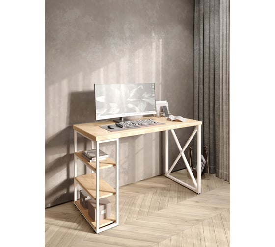 Стол письменный Solarius Loft, 130x60x76.5 см, открытая тумба с тремя полками, компьютерный стол без шлифовки и покраски с белыми металлическими крестообразными ножками stol-tumba-3polki-net-13060-krest-white