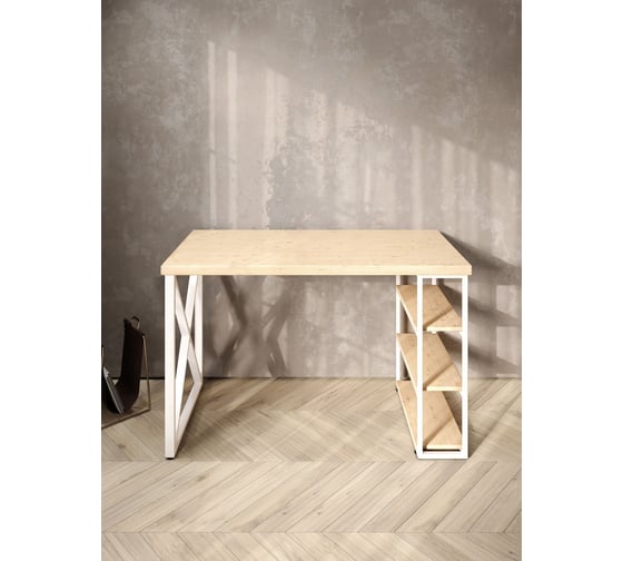 Стол письменный Solarius Loft, 130x60x76.5 см, открытая тумба с тремя полками, компьютерный стол без шлифовки и покраски с белыми металлическими крестообразными ножками stol-tumba-3polki-net-13060-krest-white