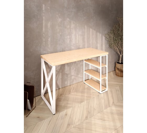 Стол письменный Solarius Loft, 130x60x76.5 см, открытая тумба с тремя полками, компьютерный стол без шлифовки и покраски с белыми металлическими крестообразными ножками stol-tumba-3polki-net-13060-krest-white