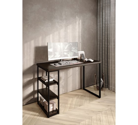 Стол письменный Solarius Loft, 140x60x76.5 см, открытая тумба с тремя полками, компьютерный стол цвета венге с черными металлическими Лофт ножками stol-tumba-3polki-ven-14060-black