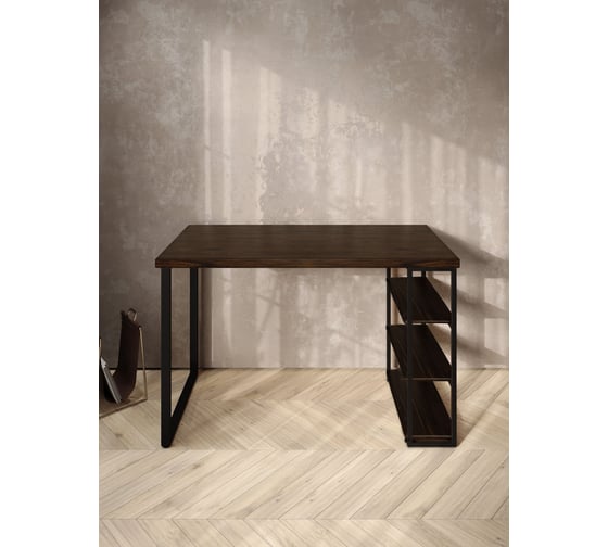 Стол письменный Solarius Loft, 140x60x76.5 см, открытая тумба с тремя полками, компьютерный стол цвета венге с черными металлическими Лофт ножками stol-tumba-3polki-ven-14060-black