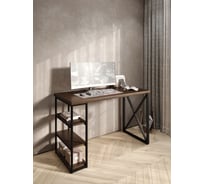 Стол письменный Solarius Loft, 130x60x76.5 см, открытая тумба с тремя полками, компьютерный стол цвета темного дуба с черными металлическими крестообразными ножками stol-tumba-3polki-temd-13060-krest-black