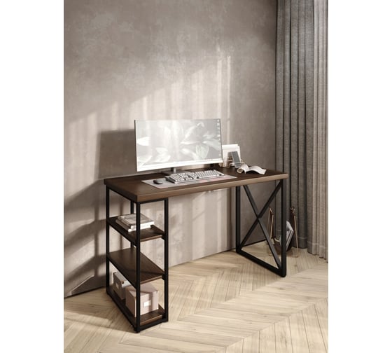 Стол письменный Solarius Loft, 130x60x76.5 см, открытая тумба с тремя полками, компьютерный стол цвета темного дуба с черными металлическими крестообразными ножками stol-tumba-3polki-temd-13060-krest-black