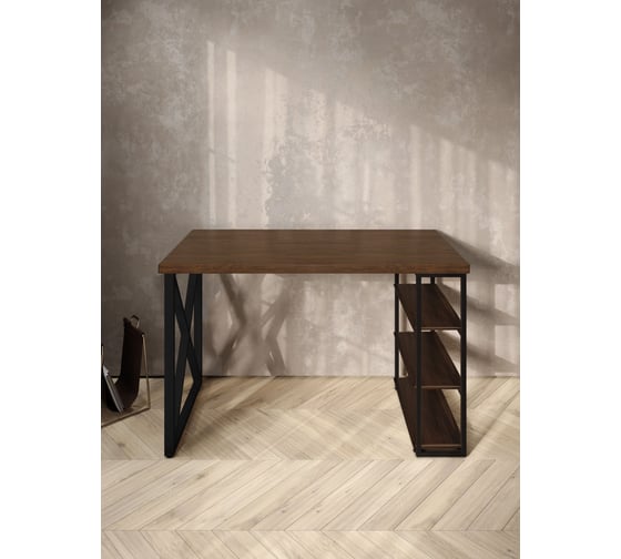 Стол письменный Solarius Loft, 130x60x76.5 см, открытая тумба с тремя полками, компьютерный стол цвета темного дуба с черными металлическими крестообразными ножками stol-tumba-3polki-temd-13060-krest-black