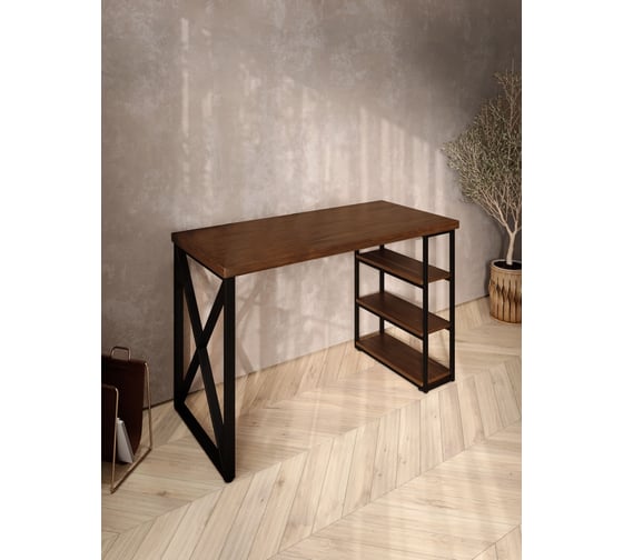 Стол письменный Solarius Loft, 130x60x76.5 см, открытая тумба с тремя полками, компьютерный стол цвета темного дуба с черными металлическими крестообразными ножками stol-tumba-3polki-temd-13060-krest-black
