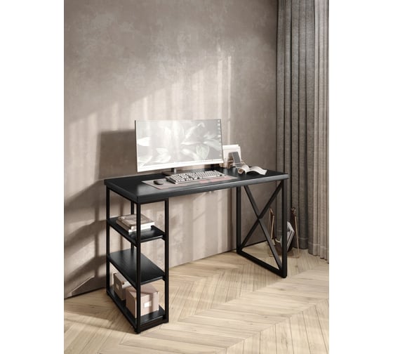 Стол письменный Solarius Loft, 140x60x76.5 см, открытая тумба с тремя полками, компьютерный стол цвета черного оникса с черными металлическими крестообразными ножками stol-tumba-3polki-onix-14060-krest-black