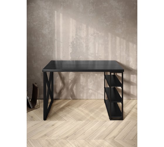 Стол письменный Solarius Loft, 140x60x76.5 см, открытая тумба с тремя полками, компьютерный стол цвета черного оникса с черными металлическими крестообразными ножками stol-tumba-3polki-onix-14060-krest-black