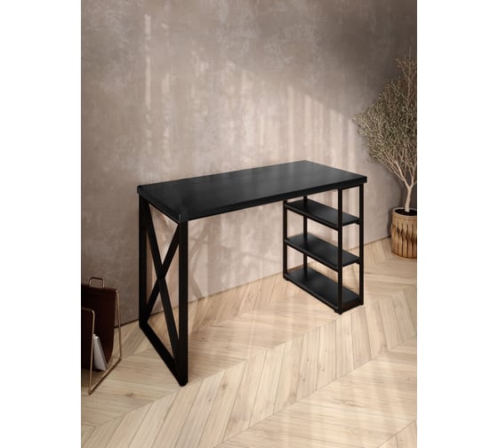 Стол письменный Solarius Loft, 140x60x76.5 см, открытая тумба с тремя полками, компьютерный стол цвета черного оникса с черными металлическими крестообразными ножками stol-tumba-3polki-onix-14060-krest-black