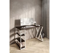 Стол письменный Solarius Loft, 130x60x76.5 см, открытая тумба с тремя полками, компьютерный стол цвета венге с белыми металлическими Z-образными ножками stol-tumba-3polki-ven-13060-Z-white