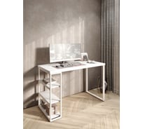 Стол письменный Solarius Loft, 140x60x76.5 см, открытая тумба с тремя полками, компьютерный стол белого цвета с белыми металлическими Лофт ножками stol-tumba-3polki-bel-14060-white