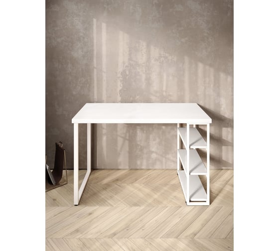 Стол письменный Solarius Loft, 130x60x76.5 см, открытая тумба с тремя полками, компьютерный стол белого цвета с белыми металлическими Лофт ножками stol-tumba-3polki-bel-13060-white
