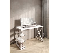 Стол письменный Solarius Loft, 140x60x76.5 см, открытая тумба с тремя полками, компьютерный стол белого цвета с белыми металлическими крестообразными ножками stol-tumba-3polki-bel-14060-krest-white