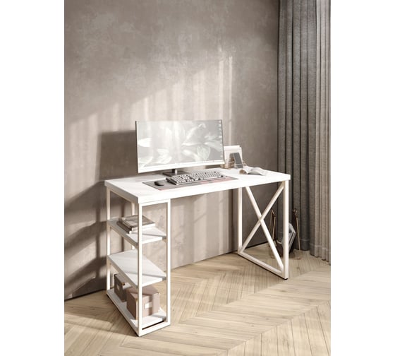 Стол письменный Solarius Loft, 140x60x76.5 см, открытая тумба с тремя полками, компьютерный стол белого цвета с белыми металлическими крестообразными ножками stol-tumba-3polki-bel-14060-krest-white 1