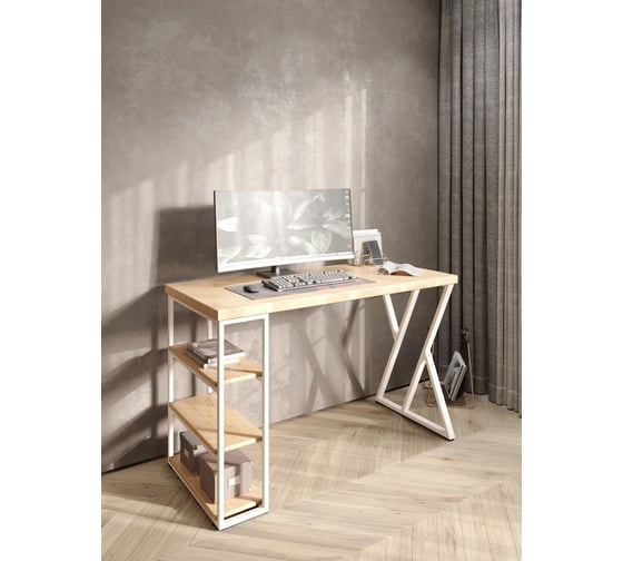 Стол письменный Solarius Loft, 130x60x76.5 см, открытая тумба с тремя полками, компьютерный стол без шлифовки и покраски с белыми металлическими Z-образными ножками stol-tumba-3polki-net-13060-Z-white