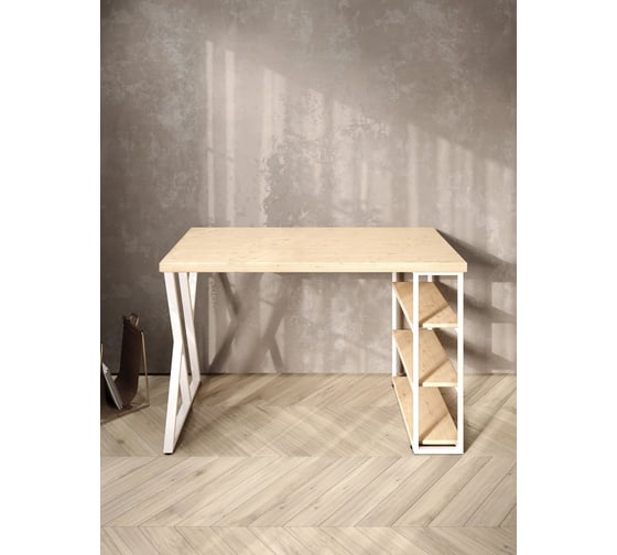 Стол письменный Solarius Loft, 130x60x76.5 см, открытая тумба с тремя полками, компьютерный стол без шлифовки и покраски с белыми металлическими Z-образными ножками stol-tumba-3polki-net-13060-Z-white