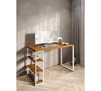 Стол письменный Solarius Loft, 140x60x76.5 см, открытая тумба с тремя полками, компьютерный стол цвета ольхи с белыми металлическими Лофт ножками stol-tumba-3polki-olha-14060-white