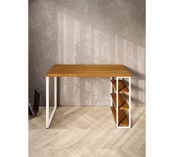 Стол письменный Solarius Loft, 140x60x76.5 см, открытая тумба с тремя полками, компьютерный стол цвета ольхи с белыми металлическими Лофт ножками stol-tumba-3polki-olha-14060-white