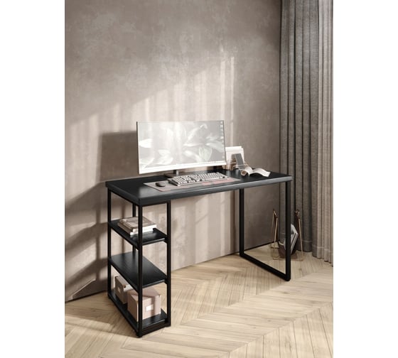 Стол письменный Solarius Loft, 140x60x76.5 см, открытая тумба с тремя полками, компьютерный стол цвета черного оникса с черными металлическими Лофт ножками stol-tumba-3polki-onix-14060-black