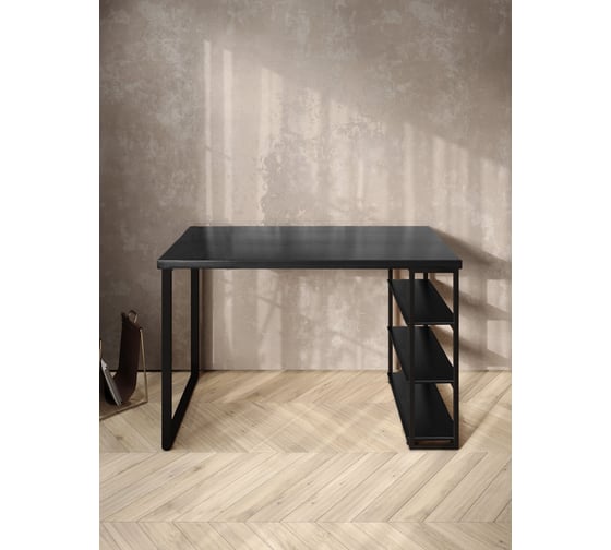 Стол письменный Solarius Loft, 140x60x76.5 см, открытая тумба с тремя полками, компьютерный стол цвета черного оникса с черными металлическими Лофт ножками stol-tumba-3polki-onix-14060-black