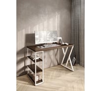 Стол письменный Solarius Loft, 130x60x76.5 см, открытая тумба с тремя полками, компьютерный стол цвета темного дуба с белыми металлическими Z-образными ножками stol-tumba-3polki-temd-13060-Z-white