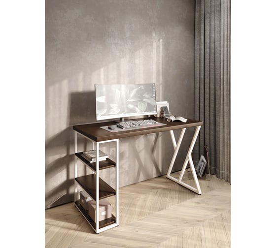 Стол письменный Solarius Loft, 130x60x76.5 см, открытая тумба с тремя полками, компьютерный стол цвета темного дуба с белыми металлическими Z-образными ножками stol-tumba-3polki-temd-13060-Z-white