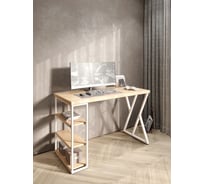 Стол письменный Solarius Loft, 140x60x76.5 см, открытая тумба с тремя полками, компьютерный стол без шлифовки и покраски с белыми металлическими Z-образными ножками stol-tumba-3polki-net-14060-Z-white