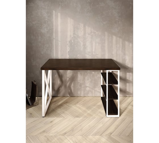 Стол письменный Solarius Loft, 130x60x76.5 см, открытая тумба с тремя полками, компьютерный стол цвета венге с белыми металлическими крестообразными ножками stol-tumba-3polki-ven-13060-krest-white