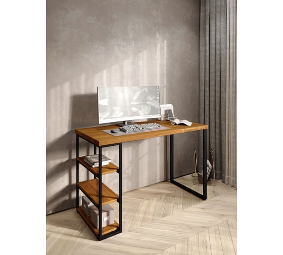 Стол письменный Solarius Loft, 120x60x76.5 см, открытая тумба с тремя полками, компьютерный стол цвета ольхи с черными металлическими Лофт ножками stol-tumba-3polki-olha-12060-black 1