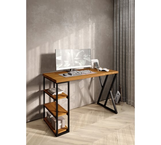 Стол письменный Solarius Loft, 140x60x76.5 см, открытая тумба с тремя полками, компьютерный стол цвета ольхи с черными металлическими Z-образными ножками stol-tumba-3polki-olha-14060-Z-black 1