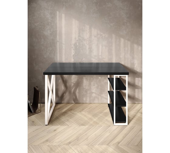 Стол письменный Solarius Loft, 140x60x76.5 см, открытая тумба с тремя полками, компьютерный стол цвета черного оникса с белыми металлическими крестообразными ножками stol-tumba-3polki-onix-14060-krest-white