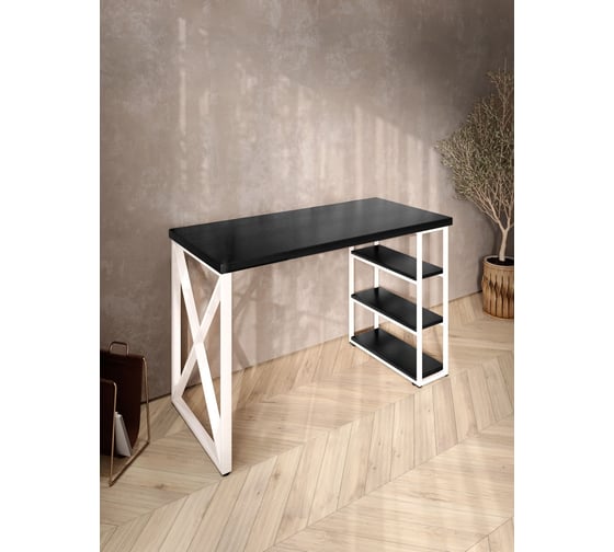 Стол письменный Solarius Loft, 140x60x76.5 см, открытая тумба с тремя полками, компьютерный стол цвета черного оникса с белыми металлическими крестообразными ножками stol-tumba-3polki-onix-14060-krest-white