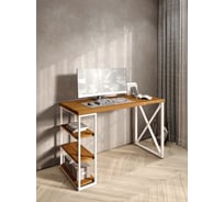 Стол письменный Solarius Loft, 140x60x76.5 см, открытая тумба с тремя полками, компьютерный стол цвета ольхи с белыми металлическими крестообразными ножками stol-tumba-3polki-olha-14060-krest-white