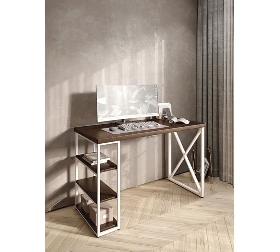 Стол письменный Solarius Loft, 140x60x76.5 см, открытая тумба с тремя полками, компьютерный стол цвета темного дуба с белыми металлическими крестообразными ножками stol-tumba-3polki-temd-14060-krest-white