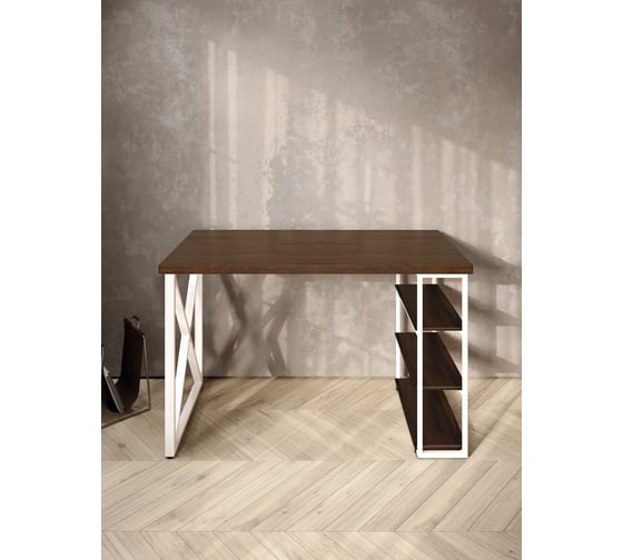Стол письменный Solarius Loft, 140x60x76.5 см, открытая тумба с тремя полками, компьютерный стол цвета темного дуба с белыми металлическими крестообразными ножками stol-tumba-3polki-temd-14060-krest-white