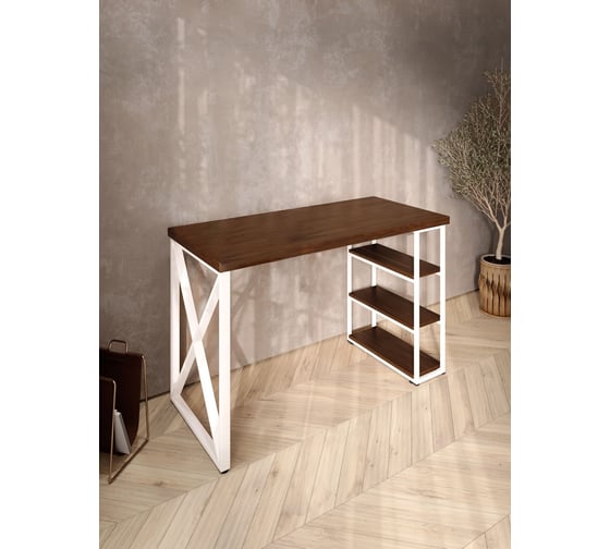 Стол письменный Solarius Loft, 140x60x76.5 см, открытая тумба с тремя полками, компьютерный стол цвета темного дуба с белыми металлическими крестообразными ножками stol-tumba-3polki-temd-14060-krest-white