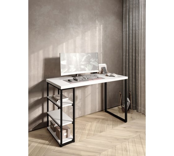 Стол письменный Solarius Loft, 140x60x76.5 см, открытая тумба с тремя полками, компьютерный стол белого цвета с черными металлическими Лофт ножками stol-tumba-3polki-bel-14060-black