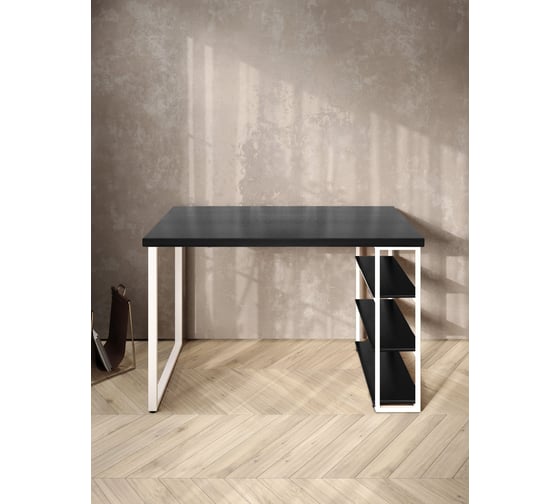 Стол письменный Solarius Loft, 140x60x76.5 см, открытая тумба с тремя полками, компьютерный стол цвета черного оникса с белыми металлическими Лофт ножками stol-tumba-3polki-onix-14060-white