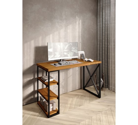 Стол письменный Solarius Loft, 130x60x76.5 см, открытая тумба с тремя полками, компьютерный стол цвета ольхи с черными металлическими крестообразными ножками stol-tumba-3polki-olha-13060-krest-black